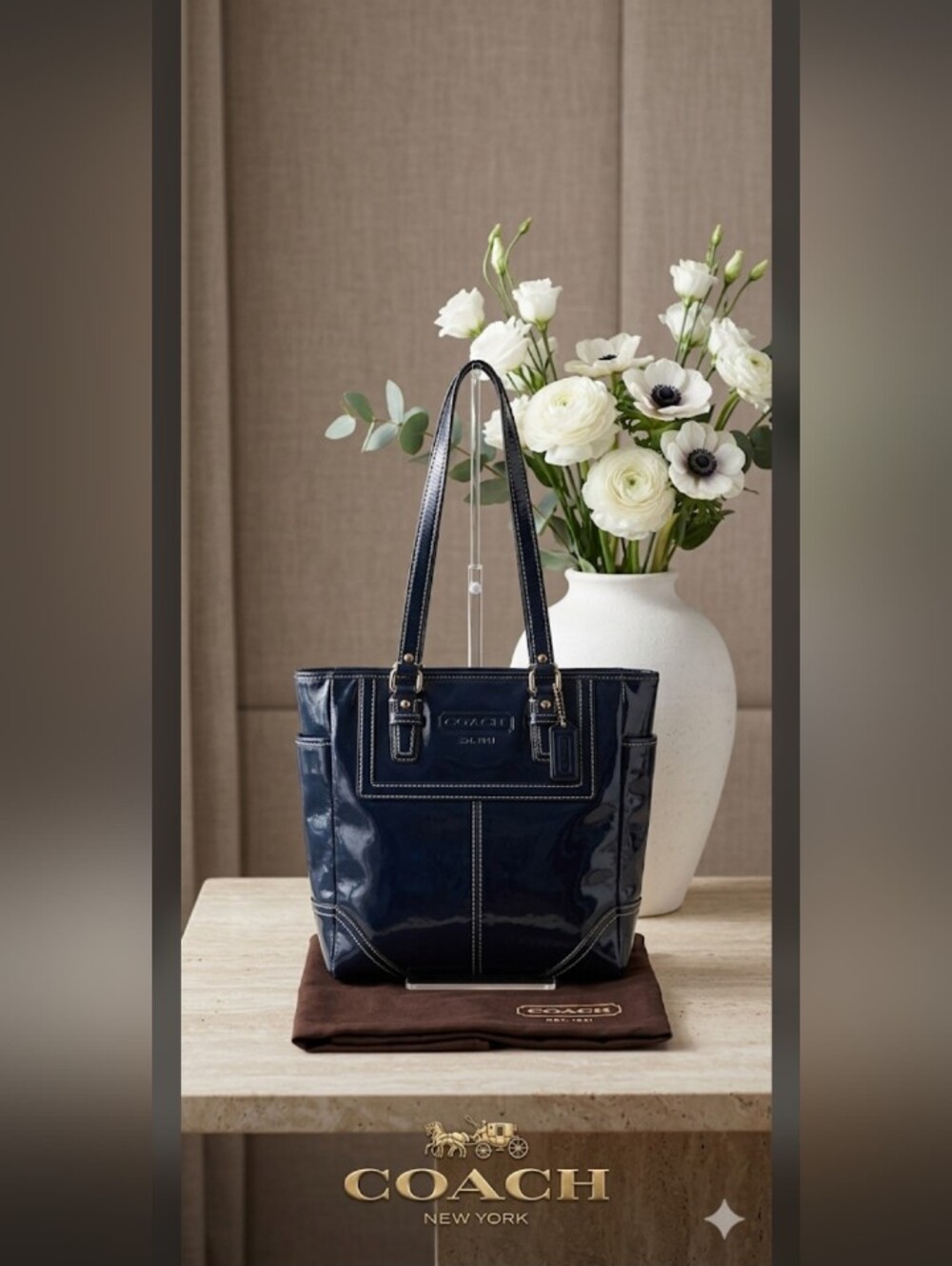 Coach Rare Navy Blue Patent Leather Gallery Tote Bag!!! Y2K!